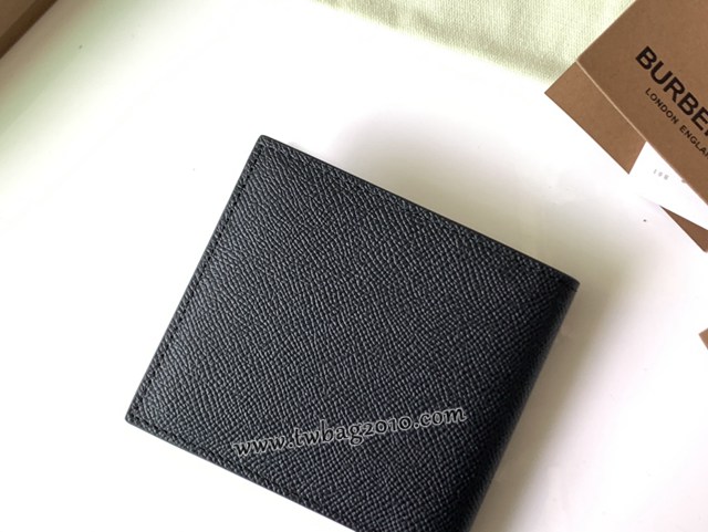 Burberry專門店新款黑色小牛皮男士短夾錢包 巴寶莉短夾條紋印花粒紋皮革雙折錢夾 yxb1026